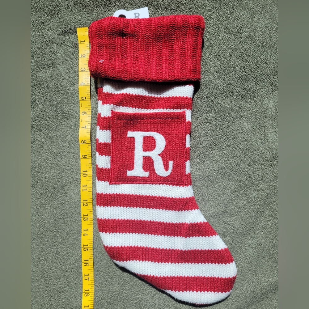 🎄 Red & White Knit Christmas Stocking with "R" Monogram – 18” NWT